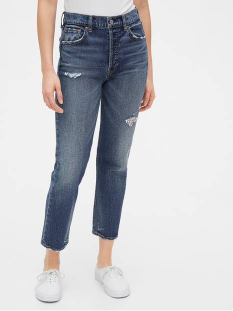 High Destructed Rise Cheeky Straight Jeans
