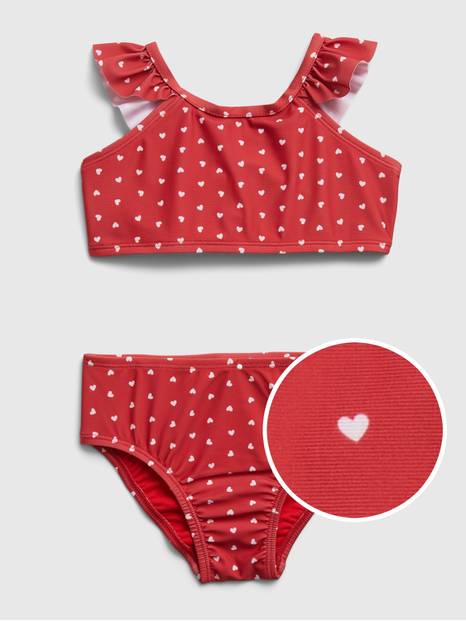 Toddler Recycled Ruffle Heart Print Swim Two-Piece