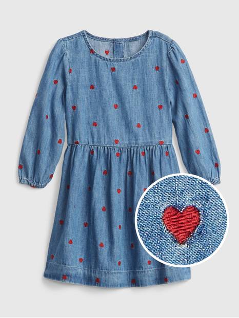 Toddler Embroidered Hearts Denim Dress