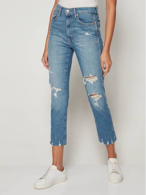 High Rise Destructed Vintage Slim Jeans with Washwell