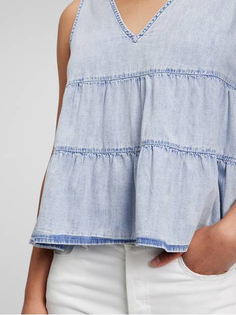 100% Organic Cotton Denim Tiered Tank Top with Washwell