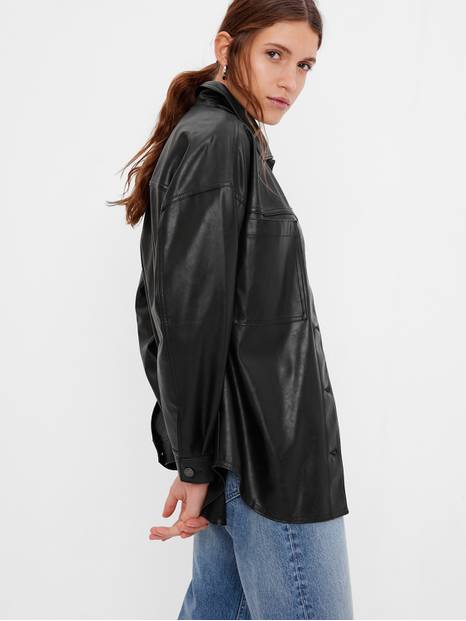 Faux-Leather Utility Shirt Jacket