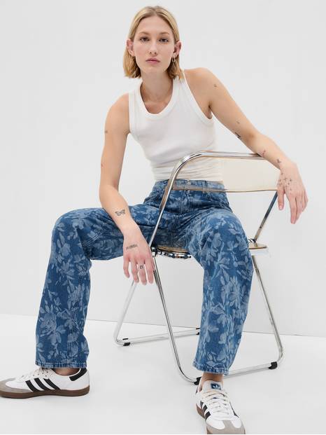 Mid Rise Organic Cotton Floral Print '90s Loose Jeans with Washwell