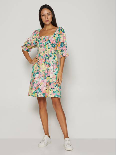 Puff Sleeve Linen-Blend Floral Mini Dress
